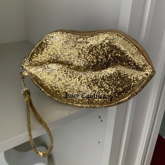 Y2K Vintage JUICY COUTURE Glitter Sparkly Shiny Gold Lips Wristlet Bag Women’s - Picture 4 of 16